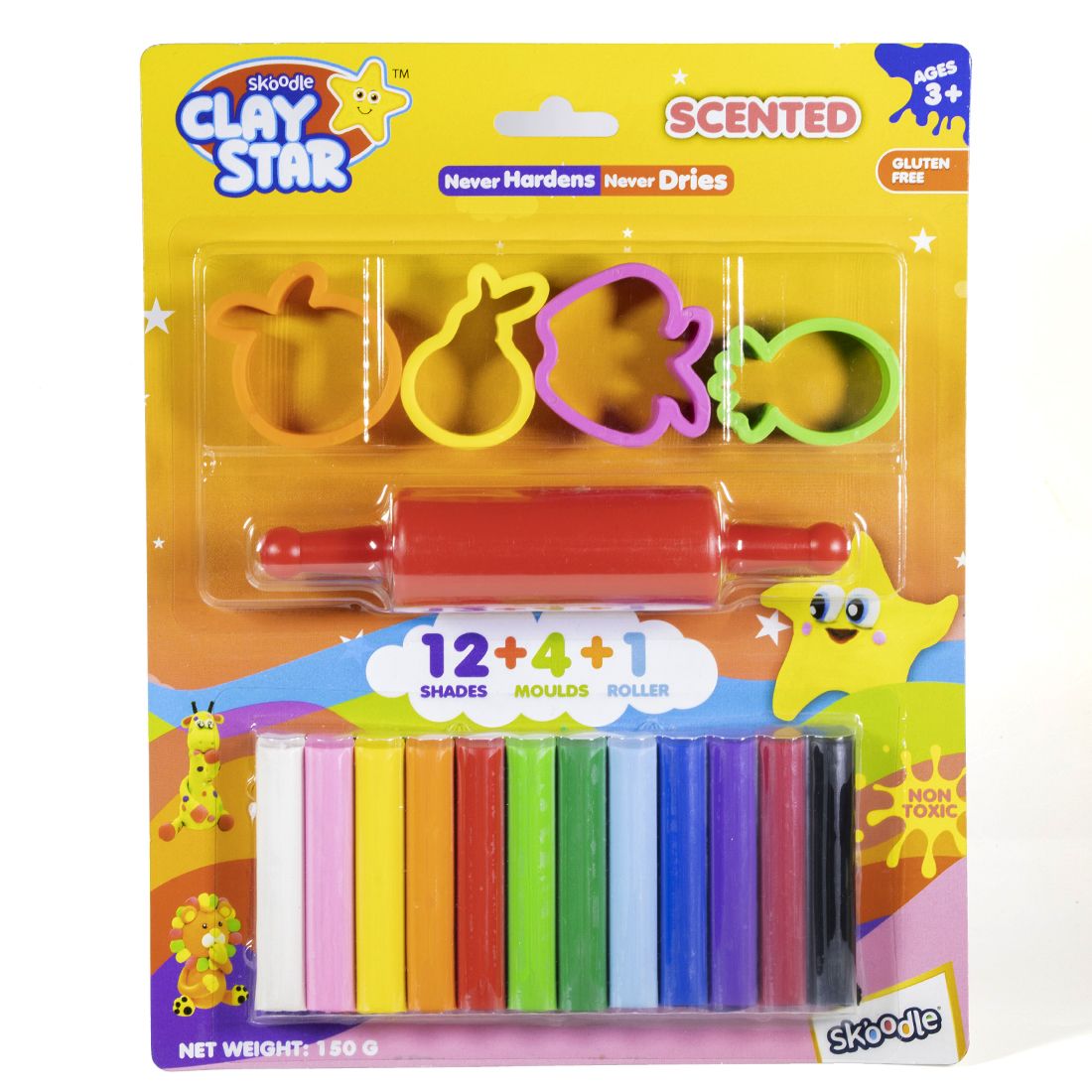 Skoodle Clay Star 150gm Scented Clay Comes With 12 Shades + 4 Moulds + 1 Roller Gluten Free