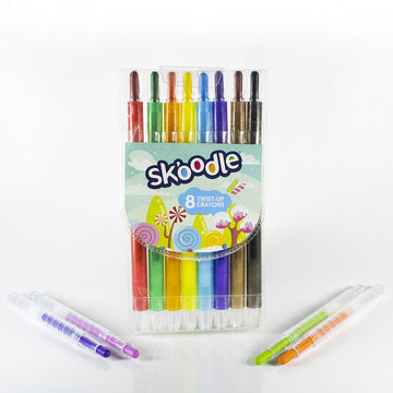 Skoodle Vibrant 8 Pieces Wax Twisted Crayons Set For Kids, Develop Hand Strength And A Fine Motor Skills, Non-Toxic, Safe For Child To Hold Large Crayons, Perfect Gift Set For Kids