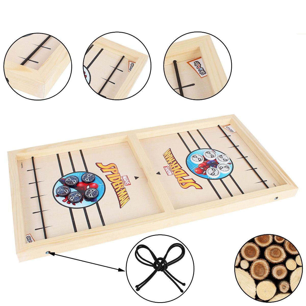 Skoodle Sling Puck Game With Spider Man Print For Kids Indoor And Outdoor Acitivties, Ideal For Party/Kids Gift (1 Smooth Wooden Board X 10 Spiderman Pucks) (Age 6+)