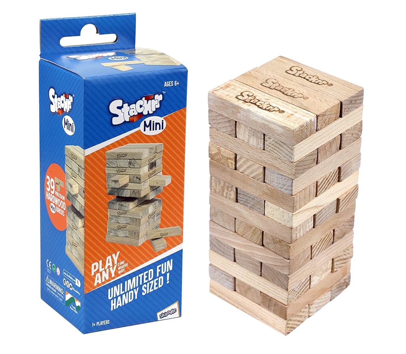 Skoodle Stackrr Mini Stacking Tumbling Tower Game With 39 Precision Wooden Blocks Of Premium Beachwood For Adults And Kids, 1 Or More Players