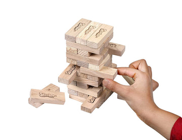 Skoodle Stackrr Mini Stacking Tumbling Tower Game With 39 Precision Wooden Blocks Of Premium Beachwood For Adults And Kids, 1 Or More Players