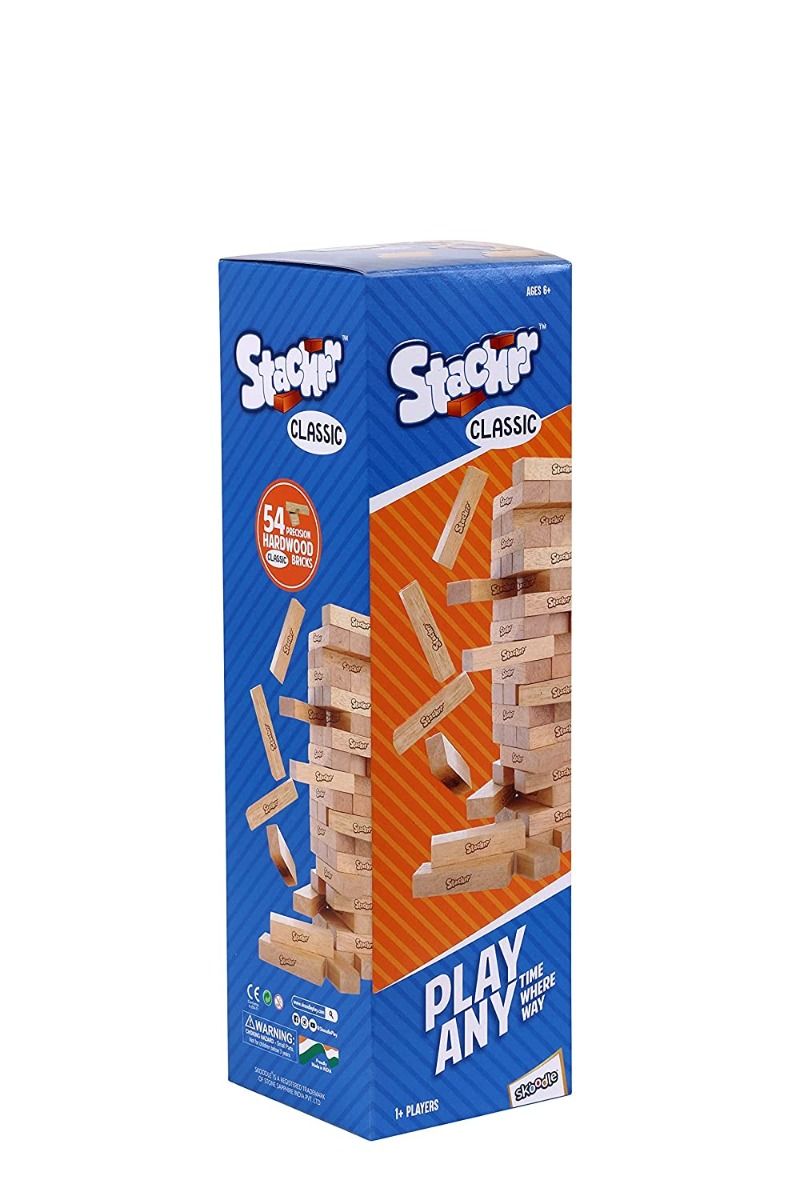 Skoodle Stackrr Classic Stacking Tumbling Tower Game With 54 Precision Wooden Blocks Of Premium Beachwood For Adults And Kids, 1 Or More Players