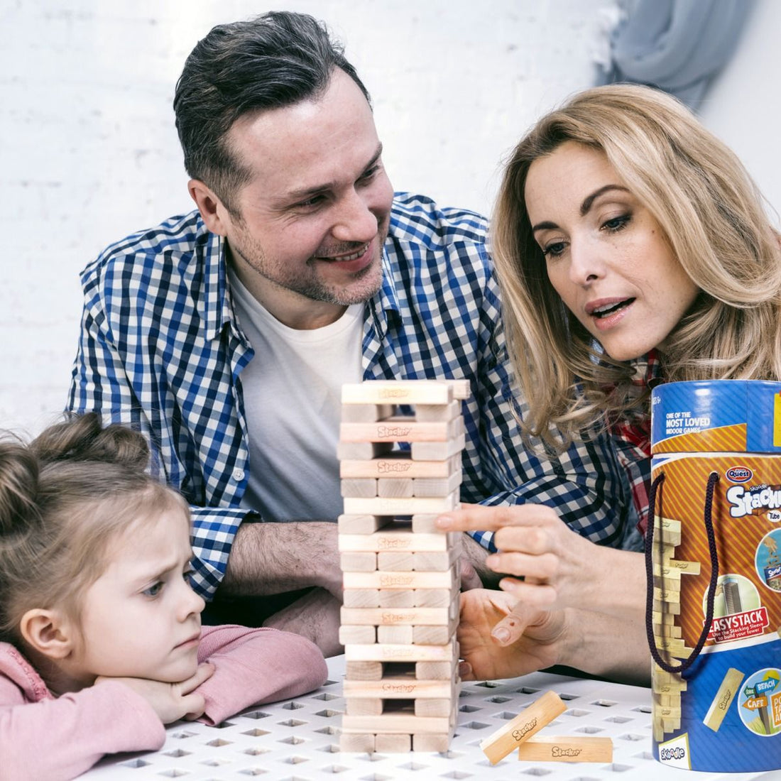 Skoodle Stackrr Tube Stacking Tumbling Tower Game With 54 Precision Wooden Blocks Of Premium Beachwood For Adults And Kids, 1 Or More Players