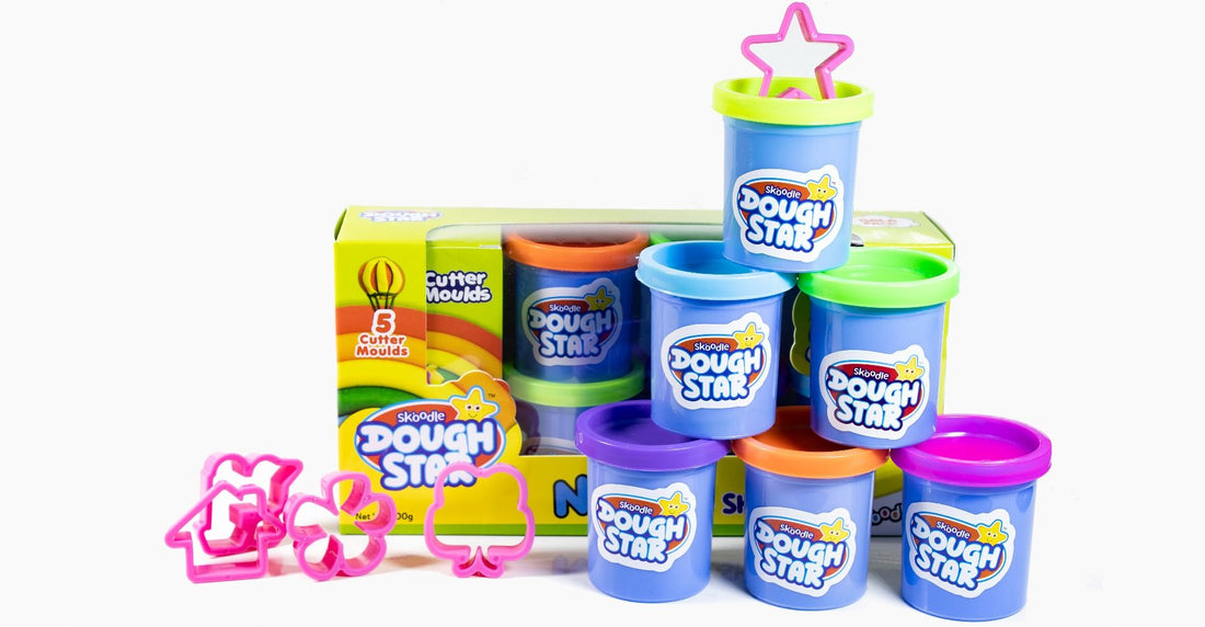 Skoodle Dough Star Gala Pack 300gm, 6 Shades Of Non-Toxic Neon Modelling Dough, Includes 5 Cutter Moulds For Kids 3 Years And Up