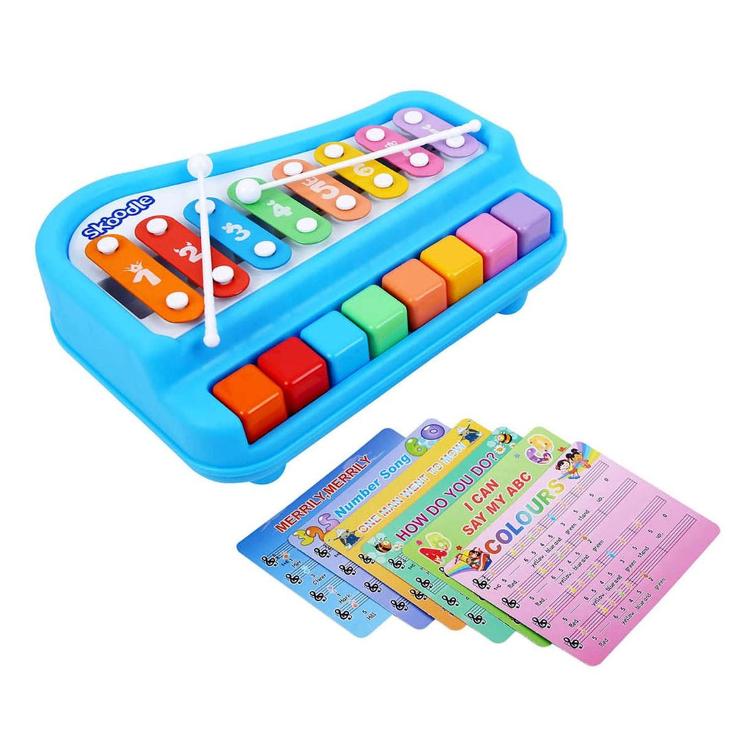 Skoodle 2-In-1 Xylophone Musical Piano For Kids, Interactive Preschool Learning Instrument & Toy With 8 Keys, 2 Mallets- Ideal For Baby, Boys And Girls & Gifting (Age 3+), Blue