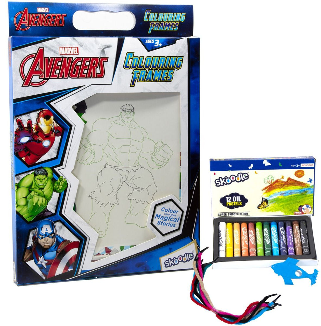 Skoodle Marvel Avengers Colouring Frames for Kids - DIY, Fun Filled Colouring/Painting Sheets, Specially Crafted to Enhance Play & Colouring Experience (6 Sheets + 12 Color Sticks + 6 Strings)