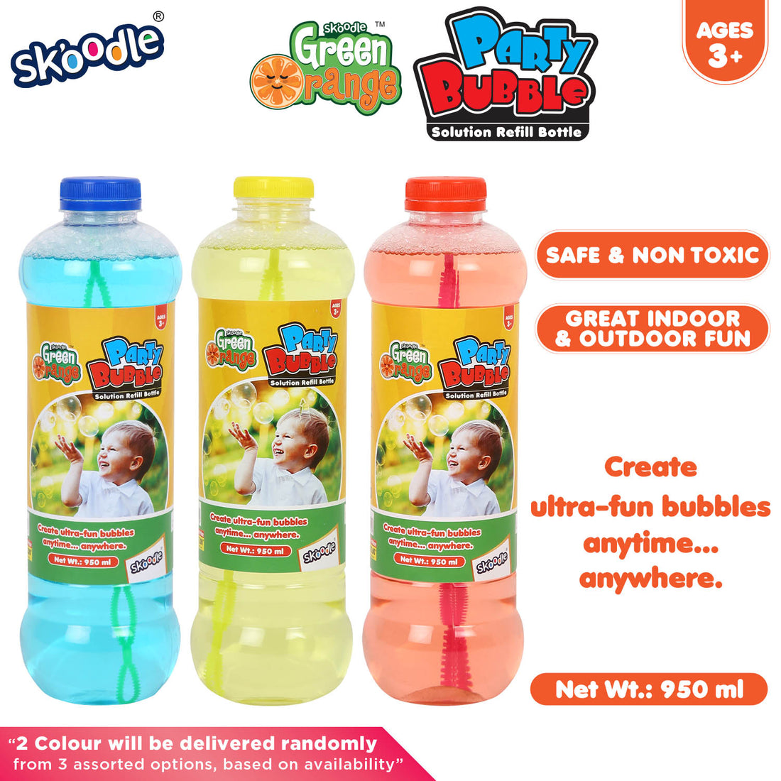 Skoodle Green Orange Party 950ml Bubble Solution (Pack of 2)