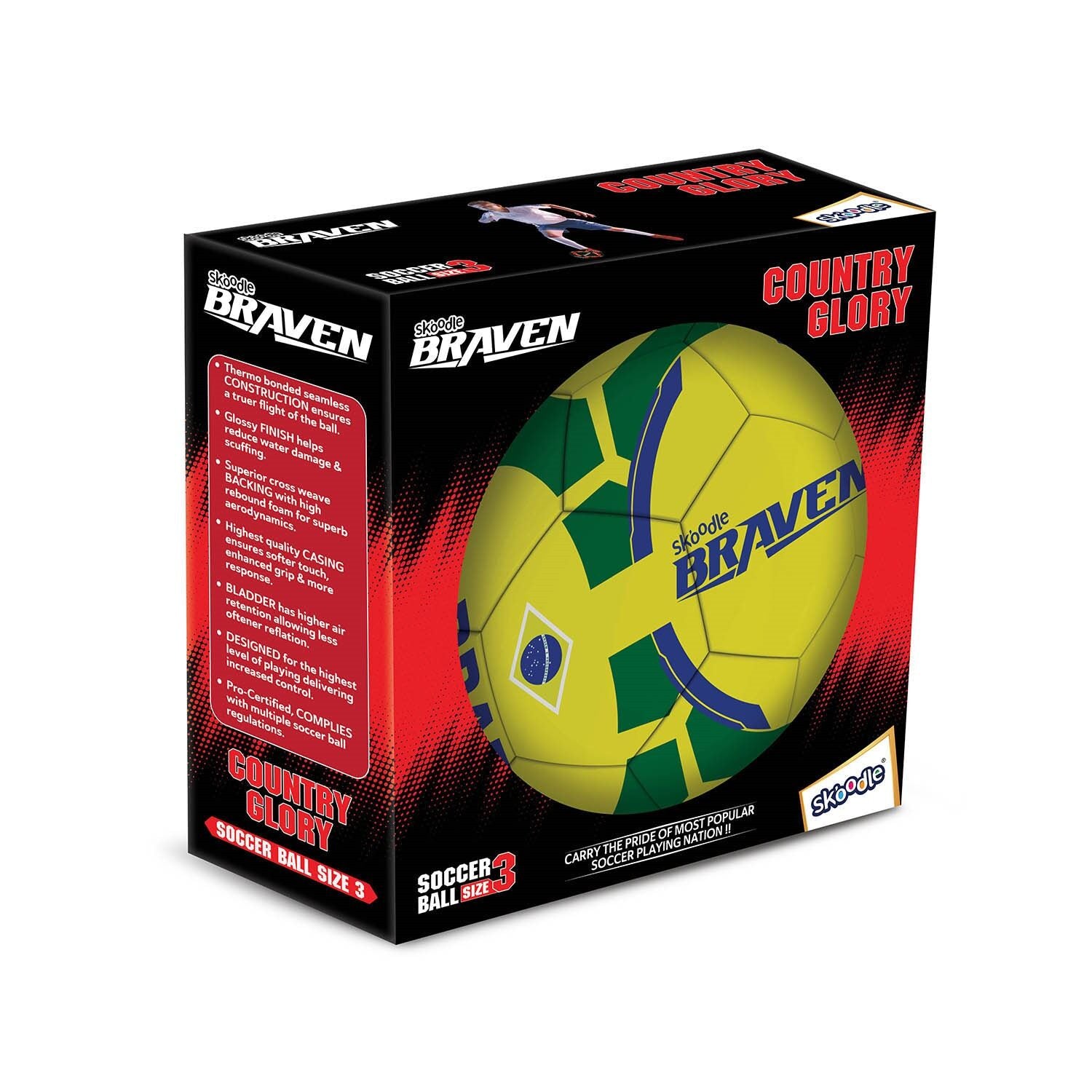 BRAVEN Country Glory Football – Size 3 (Moulded) – Brazil / France / England / Spain / Germany / Argentina