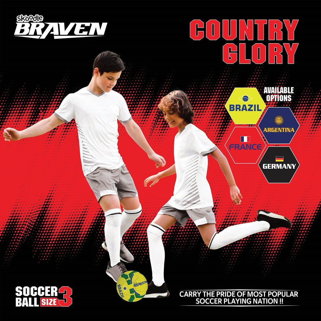 BRAVEN Country Glory Football – Size 3 (Moulded) – Brazil / France / England / Spain / Germany / Argentina