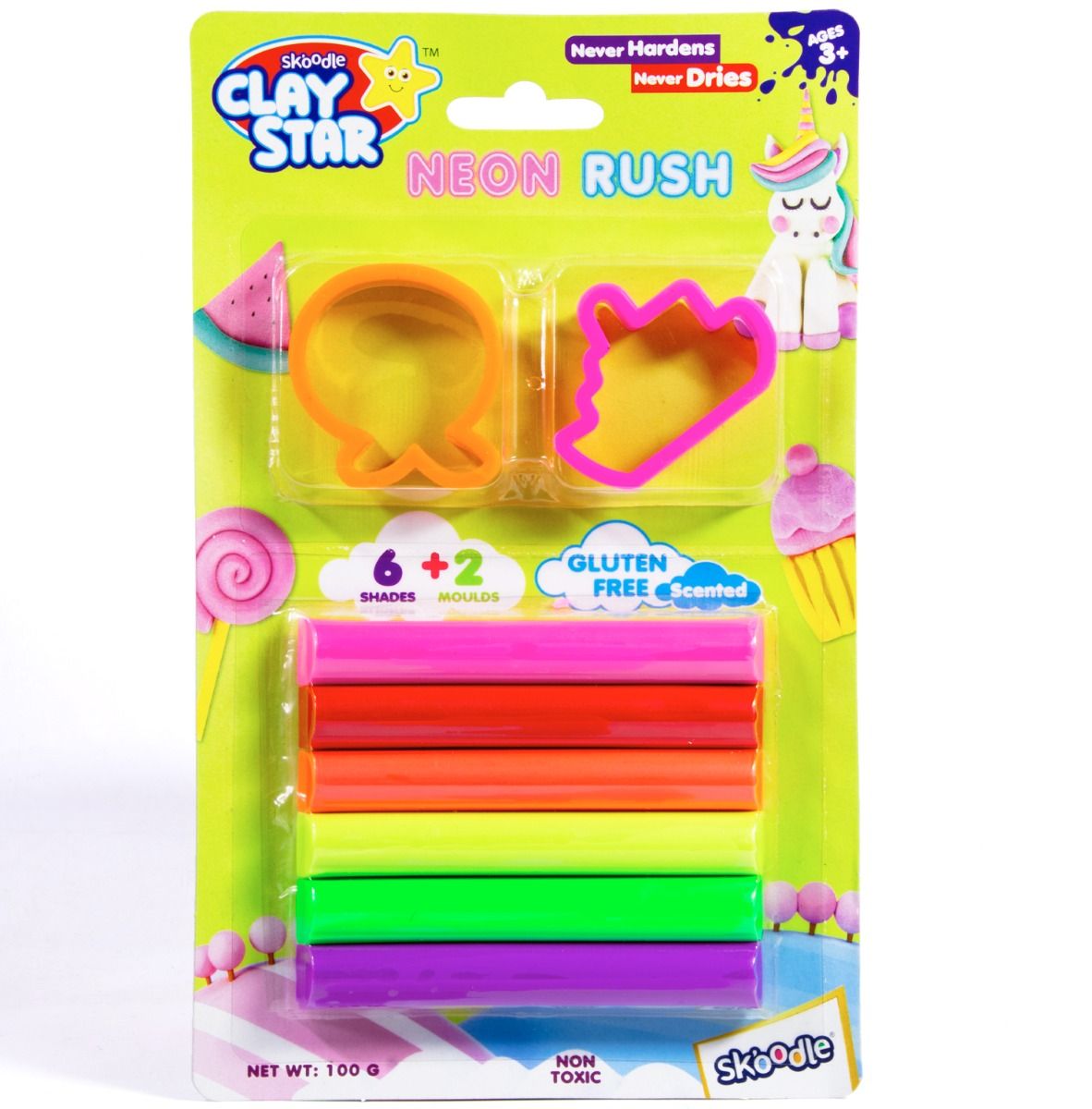 Skoodle Clay Star - Neon Rush With 6 Clay Shades & 2 Moulds, Non-Toxic & Gluten Free 100 Gms