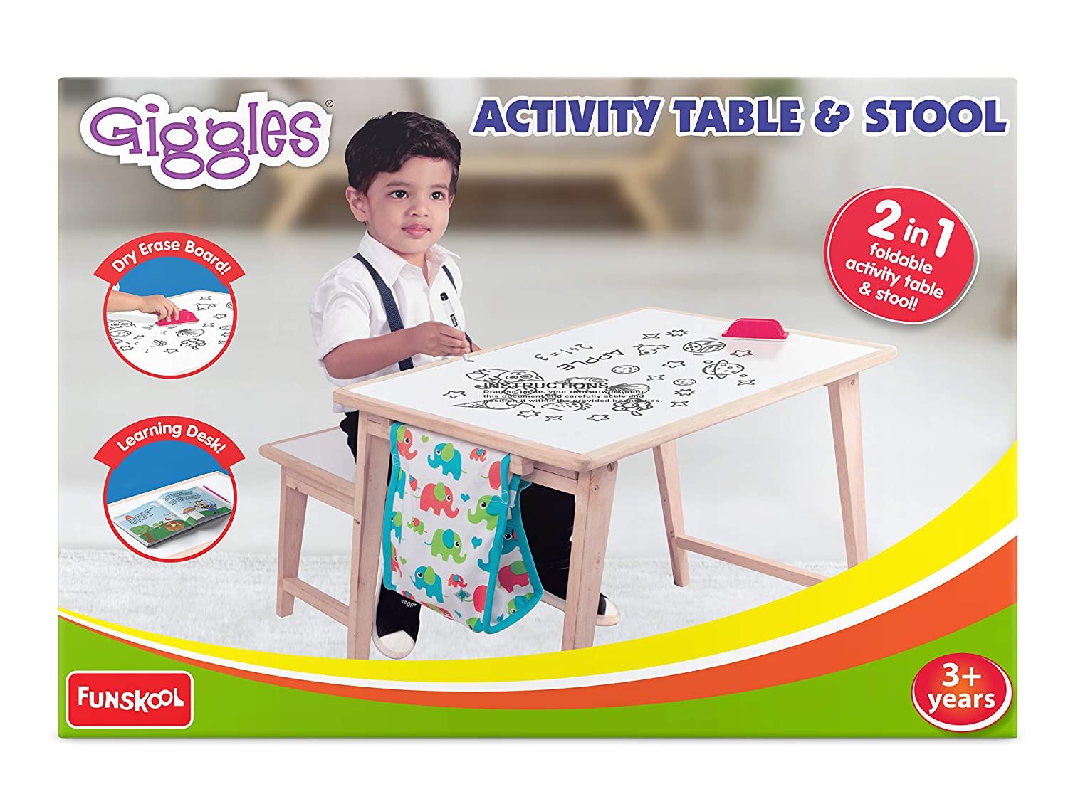 Giggles Activity Table Stool Foldable Wooden Study Set with Storage Bag and White Board on Top
